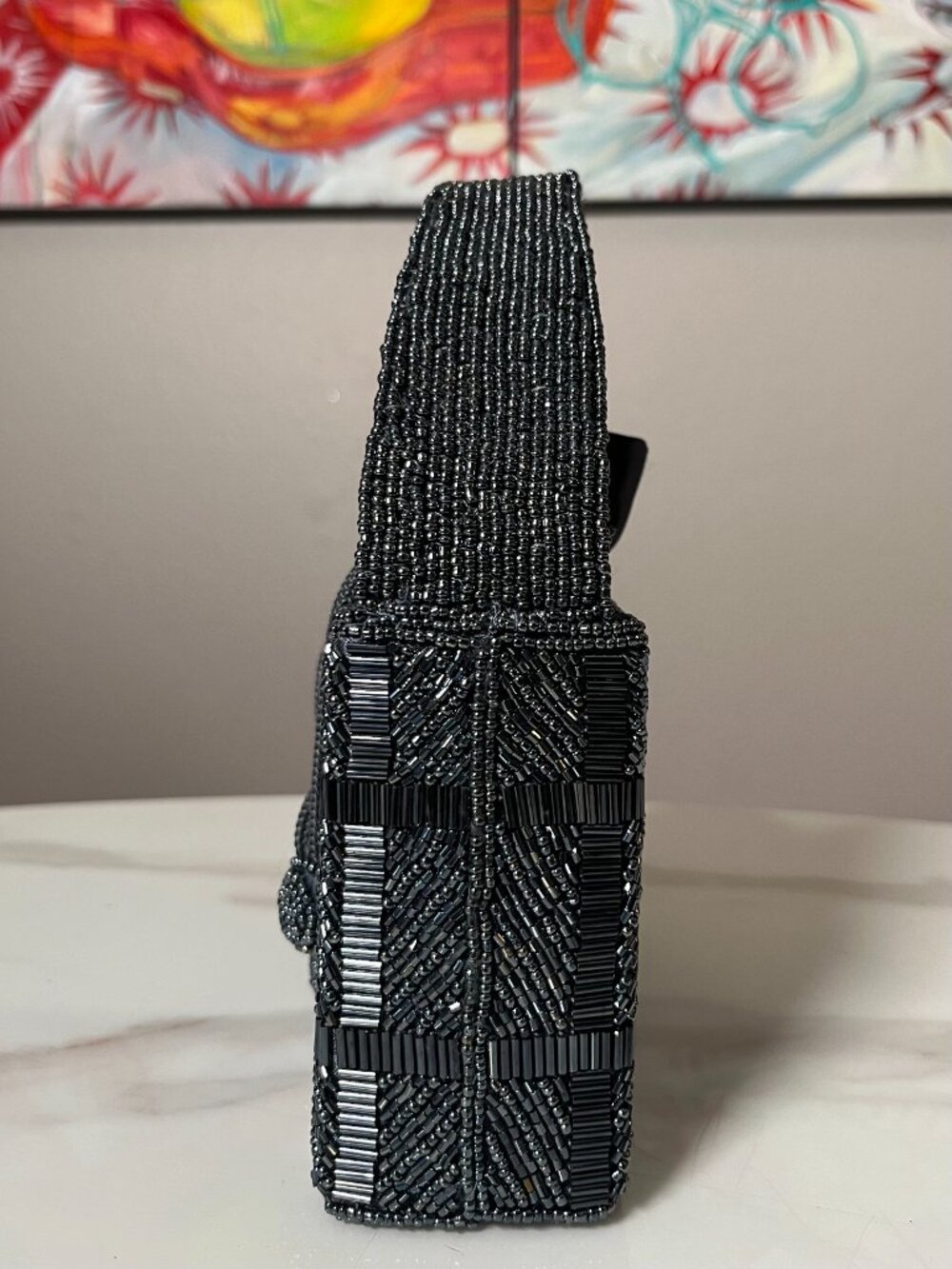 La Regale Gunmetal Gray Beaded Art Deco Vintage Top Handle Evening Bag - Picture 4 of 13